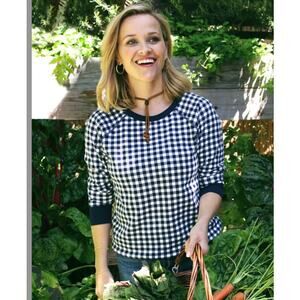 Draper James Natalie Gingham Cotton Crewneck Sweater Large Soft Norm Preppy